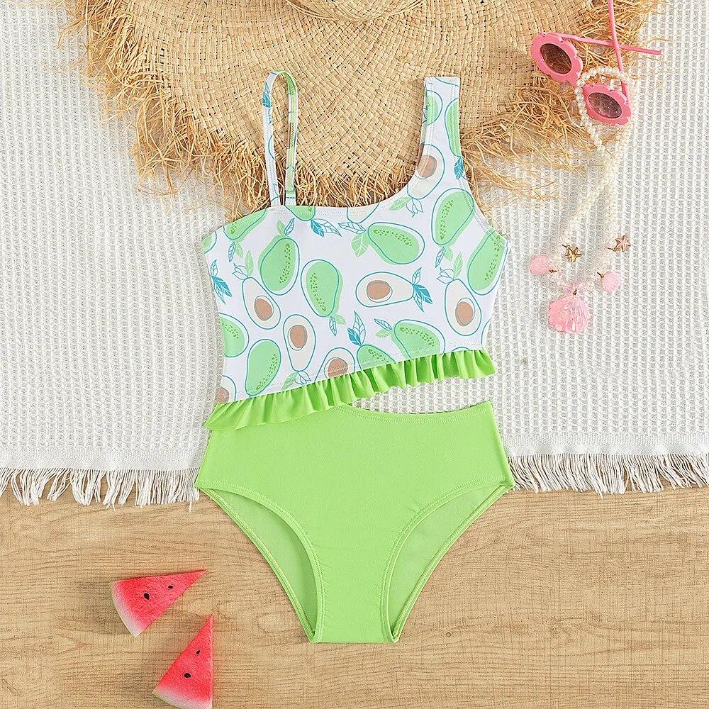 Fox Swimwear Groene meisjesbadpakken met avocado-print 5-14 jaar Citroenprint gele kinderbadkleding Kinderbadpak Strandkleding 9-10 years old groen
