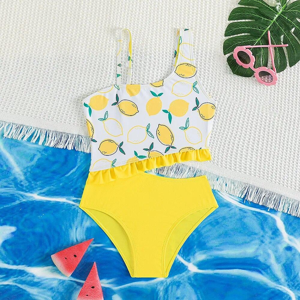 Fox Swimwear Groene meisjesbadpakken met avocado-print 5-14 jaar Citroenprint gele kinderbadkleding Kinderbadpak Strandkleding 9-10 years old geel