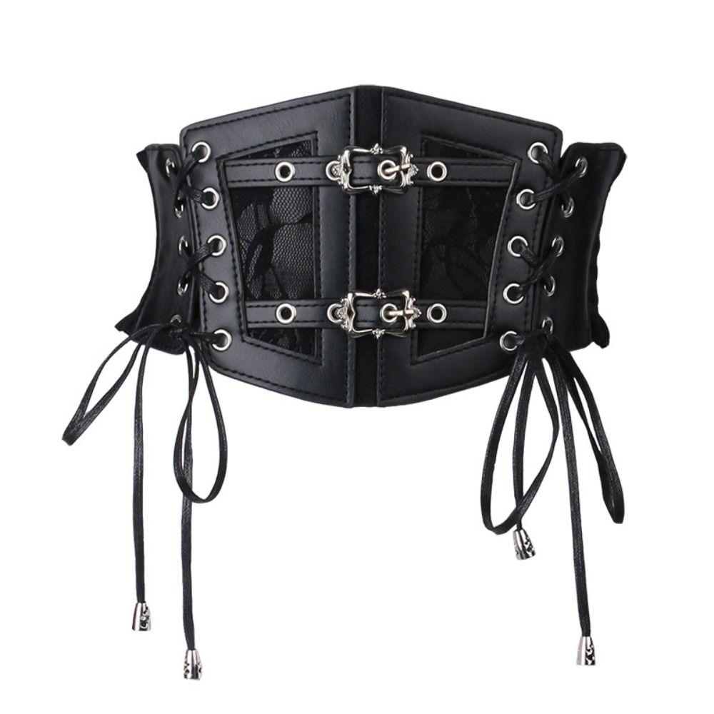 Ougang Leren kant cumberbanden effen kleur brede taille korset elegante korset riem jurk zwart