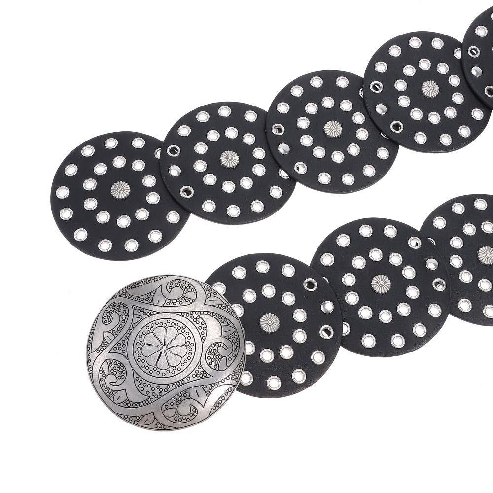 LYguoduan Westerse stijl schijfriem Y2K brede schijfriem Cowboy brede schijfriem holle riem voor dames Black Silver-B-115cm
