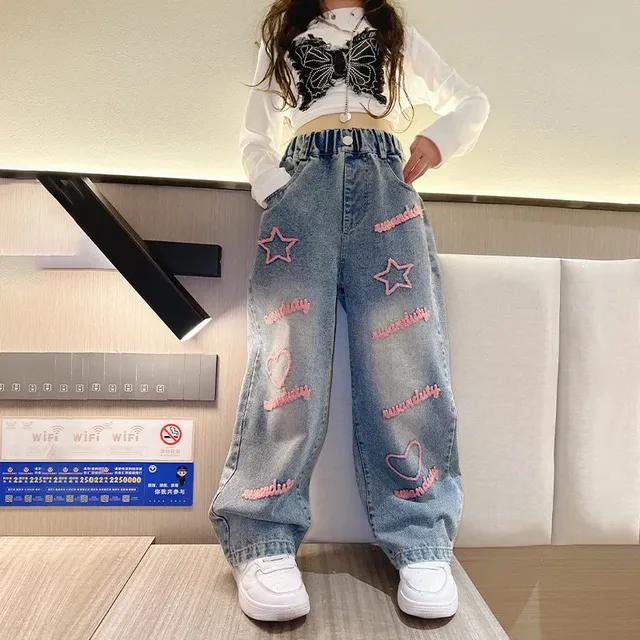 Yoghurt Blauwe lente tienermeisjes jeans sterren liefde handdoek geborduurd mode wijde pijp lange broek baggy denim broek kinderen meisje 150cm blauw