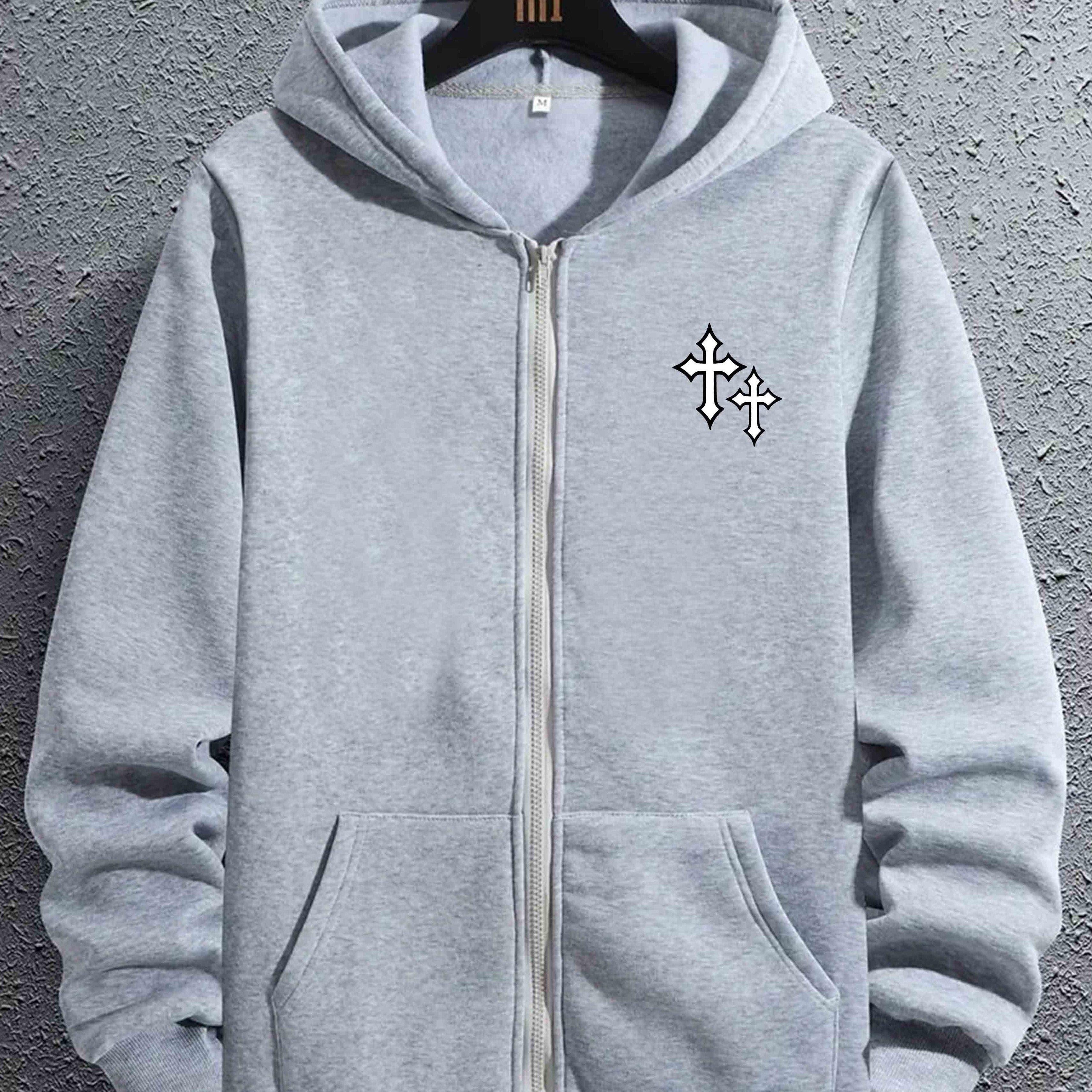 Limindong Stijlvol herenjack met capuchon en christelijke kruisprint Lente- en herfstsportsweatshirt 4XL grijs