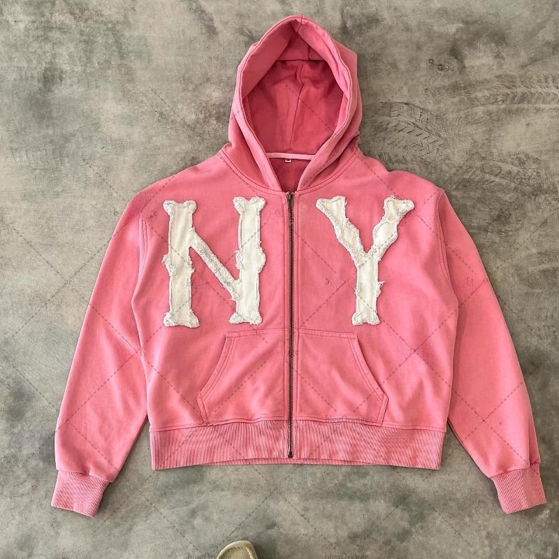YUMI wardrobe Europees en Amerikaans trendy merk mode jas letter geborduurd oversized hoodie heren Y2k Harajuku retro rits sweatshirt S roze