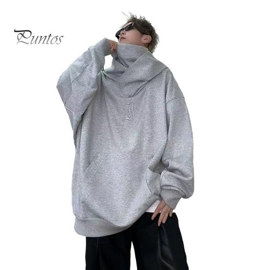 DILLER Herfst Lente Heren Hoodie Hip Hop Stijl Streetwear Dikke Pluche Warme Losse Effen Kleur Capuchon Borduurwerk Gestapelde Kraag Casual Pullover Top L grijs