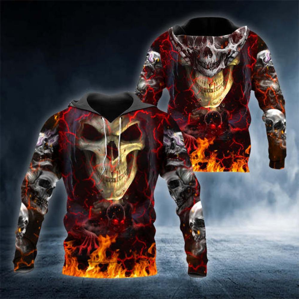 Xiao Xiang Herfst Heren Hoodie Sweatshirt Vintage Schedel Vlammende Grafische 3D Print Casual Losse Casual Mode Streetwear Stijl Herenkleding S