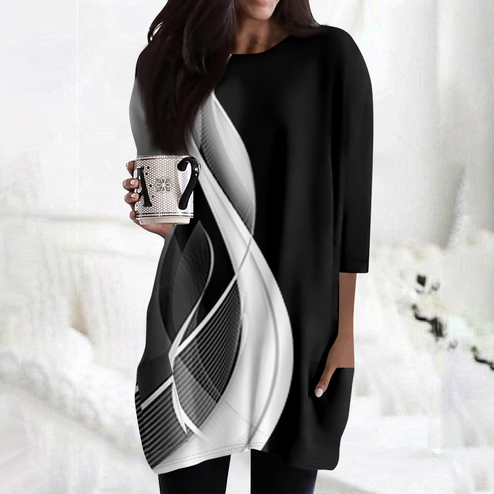 Niubiplus Dames Casual 3/4 Mouw Shirts Fashion Print Tuniek Tops Met Zakken XL wit