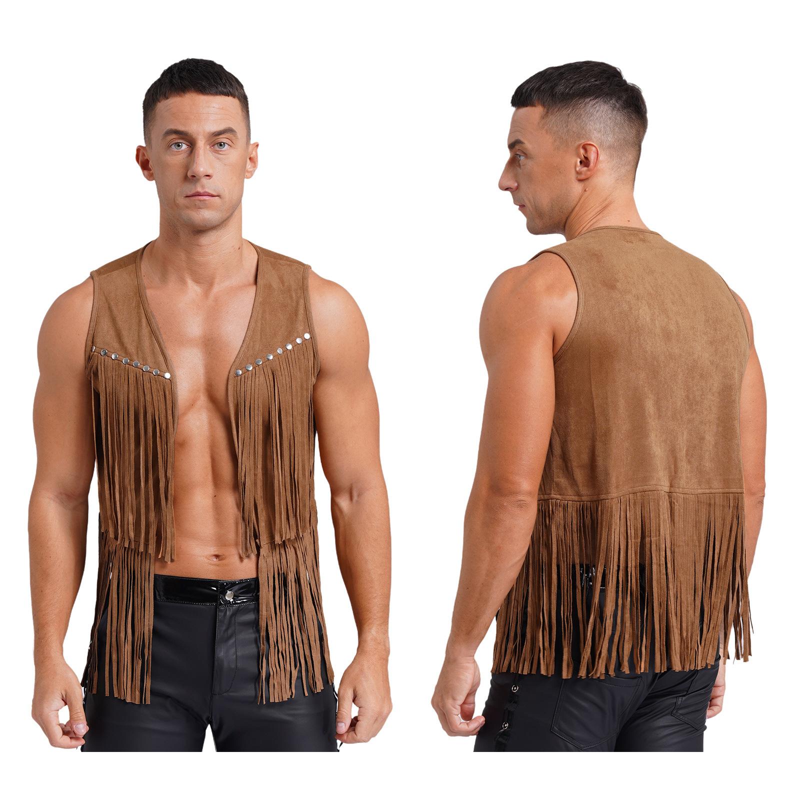 IEFiEL Heren Western Cowboy Vintage Faux Suede Kwastjes Vest Tops Open Voorkant Klinknagels Fringe Vest Jas Festival Rave Party Clubwear XXL bruin