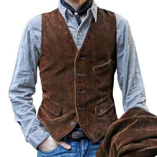 Mingchuang Heren Gilet V-hals Mouwloos Enkelrijs Vestjas Effen Kleur Slim Fit Corduroy Retro Stijl Gilet met Zakken XL