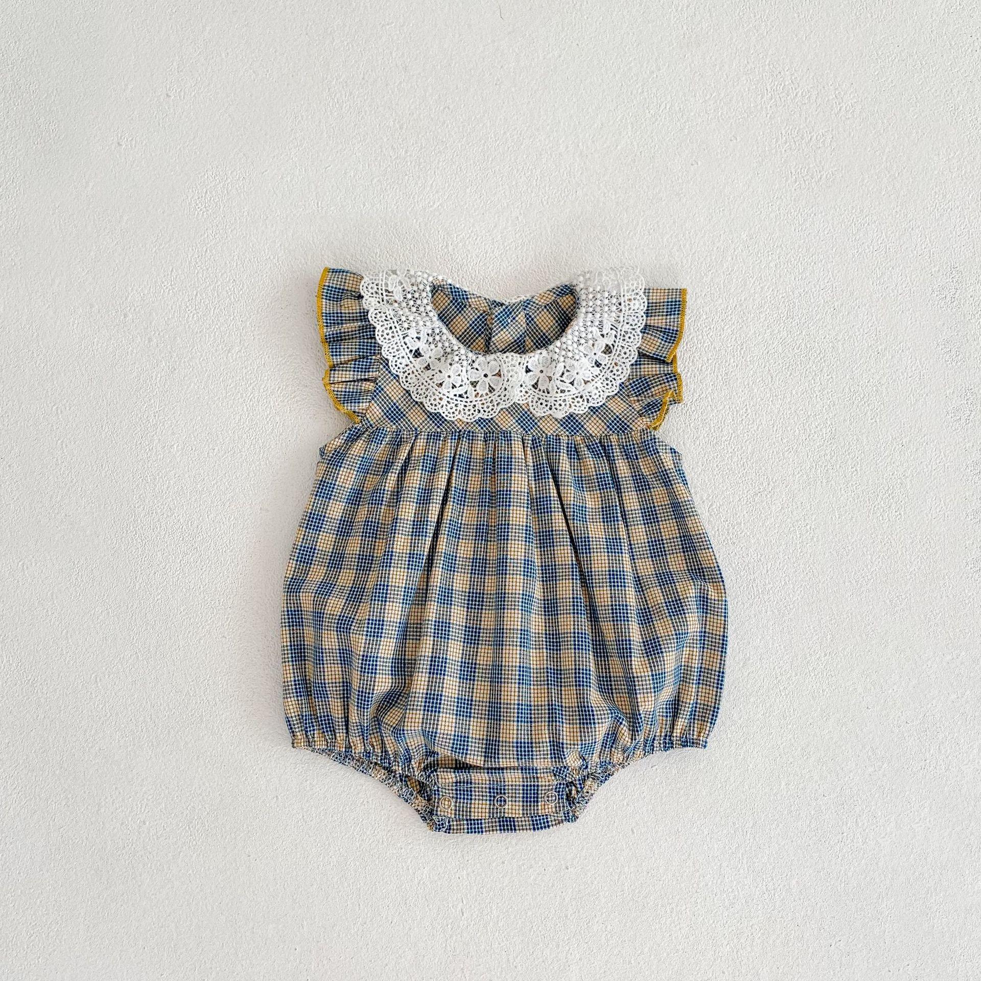 VantaGoods 2024 Zomer Katoenen Kantkraag Babymeisje Romper met Vliegende Mouwen 90 cm blauw/abrikoos