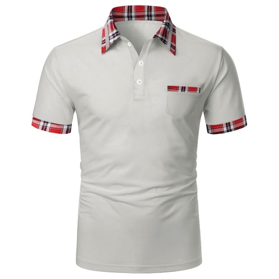 Plus Size FUGUIS Heren Korte Mouw Polo Kraag T-shirt Wit Zwart Blauw Poloshirts Heren Casual Patchwork Plaid Print Tops 3XL lichtgrijze kleur