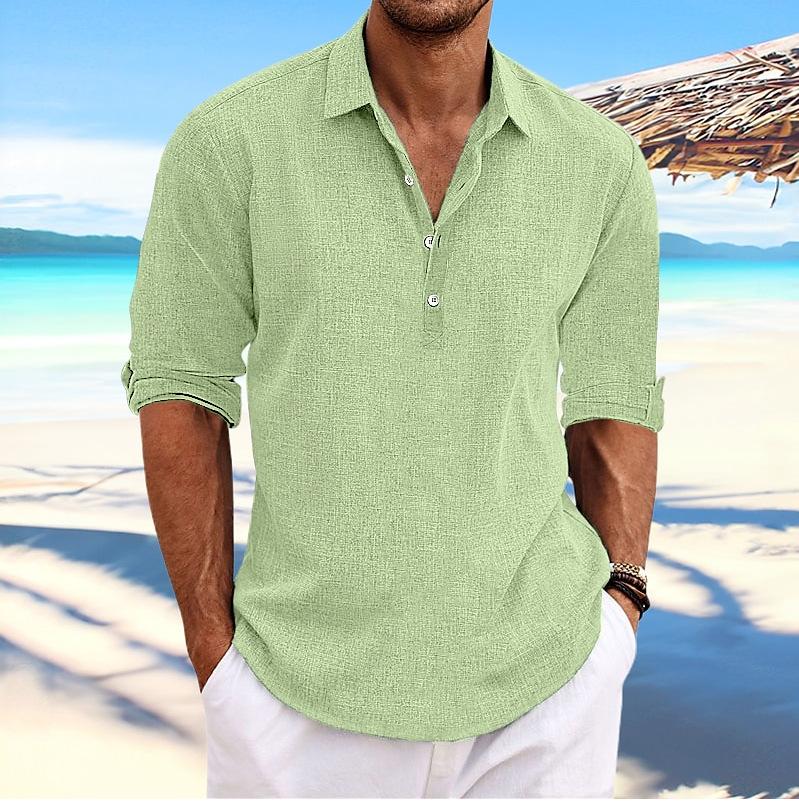 FengFeng Net Henley-shirts voor heren, lange mouwen, kraag, linnen, ademend, strand-hippie-T-shirts, losse pasvorm, zakelijk casual overhemd voor heren, getextureerde tops, overhemden XXXL lichtgroene kleur