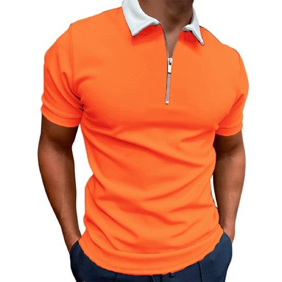 Langudi Heren T-shirt met ritskraag, effen kleur, korte mouwen, revers, casual, slim fit, zomertop voor op straat, vakantie, werk, sport S oranje