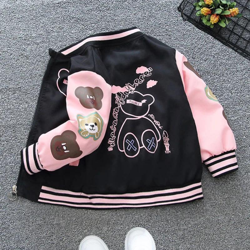 RUOK Lente Herfst Jongens Meisjes Jas Cartoon Beer Letter Print Honkbal Uniform Kinderen Sport Buitenkleding 90cm roze
