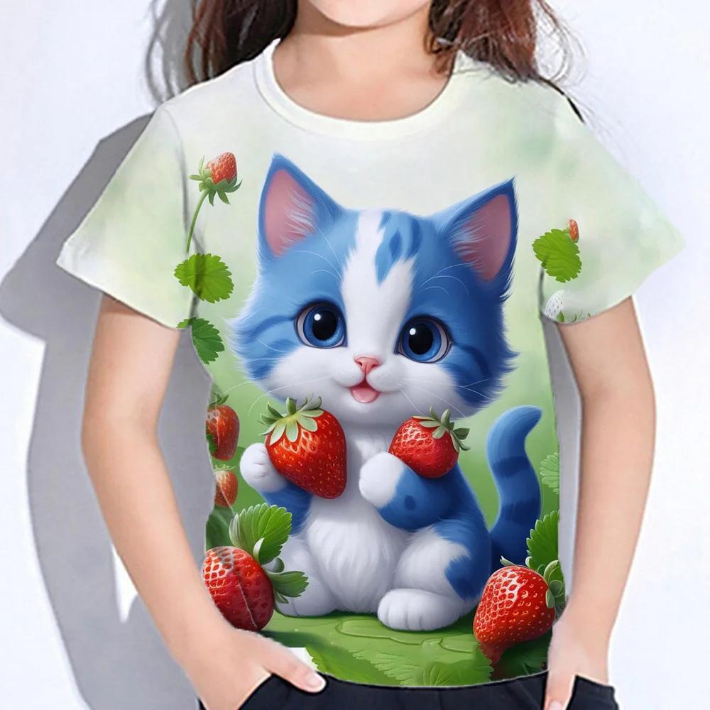 ETST 07 Tops voor kinderen korte mouwen zomer kat T-shirts meisjes kinderkleding 3d print T-shirts Koreaanse kawaii T-shirts van 10-14 jaar 110