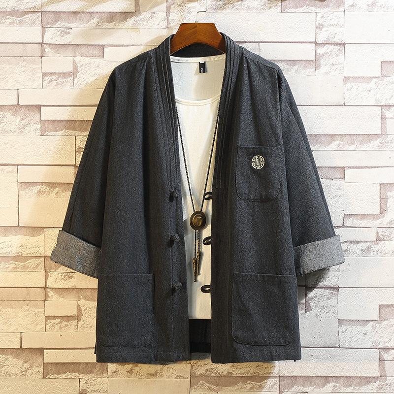 DSorothy Japanse stijl Kimono Haori Samurai gewaden Jurk Chinese Hanfu Cardigan Jassen Mode Retro Qipao Tops Denim Jassen Casual Blouse 2XL zwart