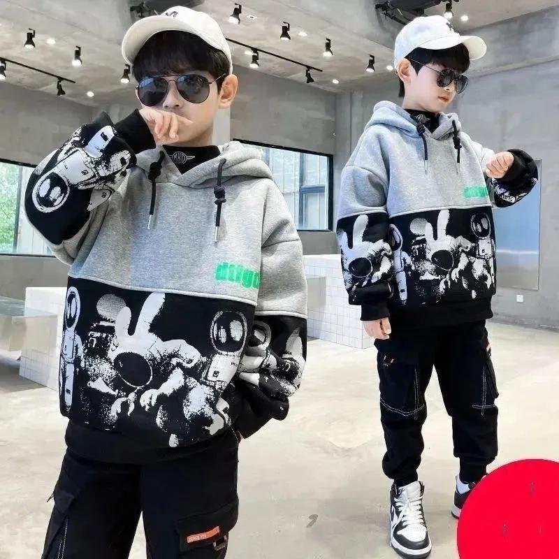 Wulaa Jongens Hooded Jas Lente Herfst Casual Sweatshirt Losse Lange Mouw Katoenen Kleding voor Kinderen 4-14 Jaar 170 grijs
