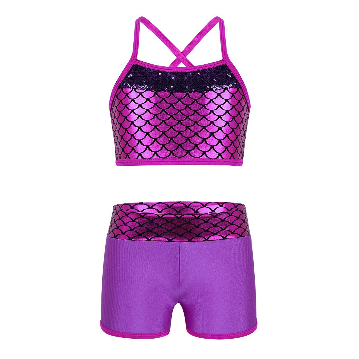 IEFiEL Kinderen meisjes pailletten zeemeermin tanktop met shorts dansoutfit gymnastiek dansen kostuum badmode 3-4 Years rozerode kleur