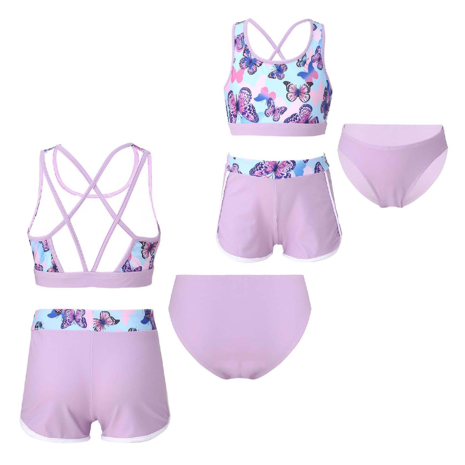 Fldy 3-delige kindermeisjes badmode U-hals print crop tops met shorts en slips set strand zwembad Rashguard pak 9-10 Years