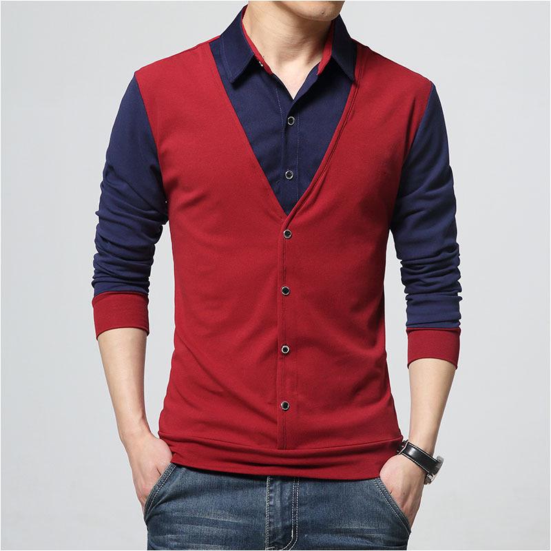 HerSight Heren T-shirt Herfst T-shirts Grote Maat Heren Polo Hals Shirt Koreaanse Contrast Kleur Zakelijke Heren Lange Mouw Shirts 5XL rood