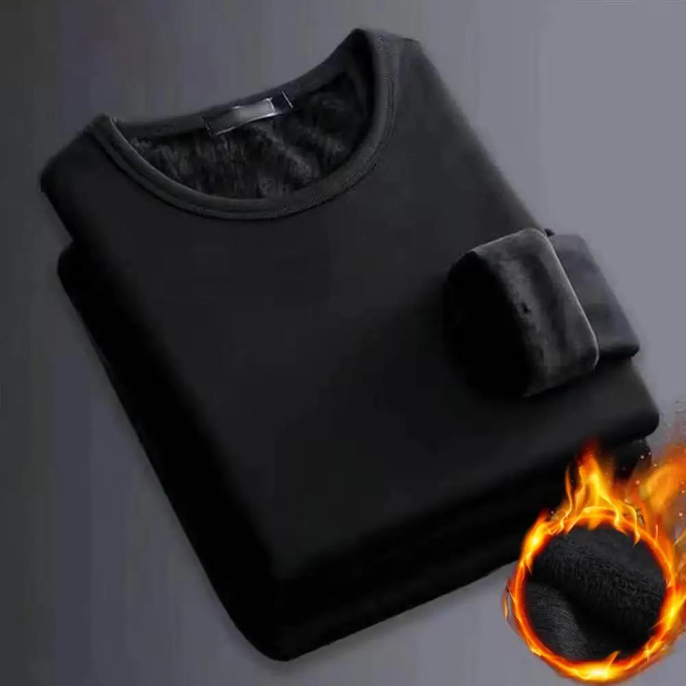 JOHO - CarGear Winter heren lange mouwen thermisch ondergoed T-shirt fleece onderkant shirt ronde hals shirt mode plus fluwelen gewatteerd T-shirt 3XL 75-80KG zwart