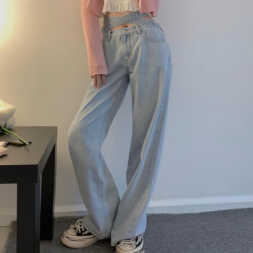 Zhanjie Ladies Clothing Koreaanse versie van de retro kleine taille lichtblauwe jeans dames stropdas hoge taille losse casual wijde pijpen denim broek dames S lichtblauwe kleur