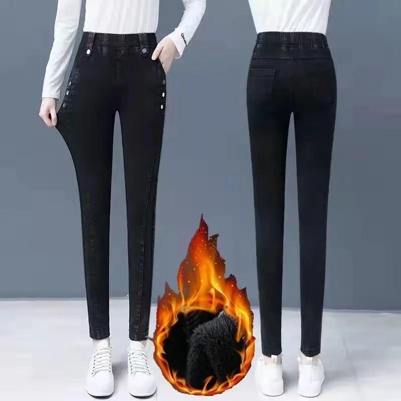 91140105MA0LTG9139 Winter fluwelen stretch potlood jeans dames vintage slanke dikkere Jean warme skinny denim broek hoge taille leggings 34 zwart