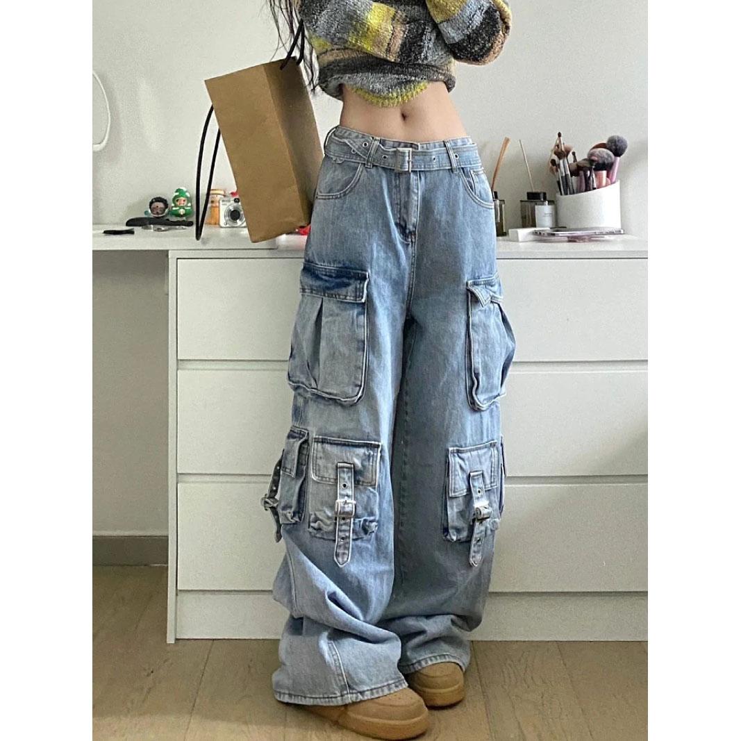 Twelve Month Dames Cargo Jeans Amerikaanse Street Style Baggy Cargo Broek Dames Blauwe multi-pocket wijde pijpen jeans voor dames S blauw