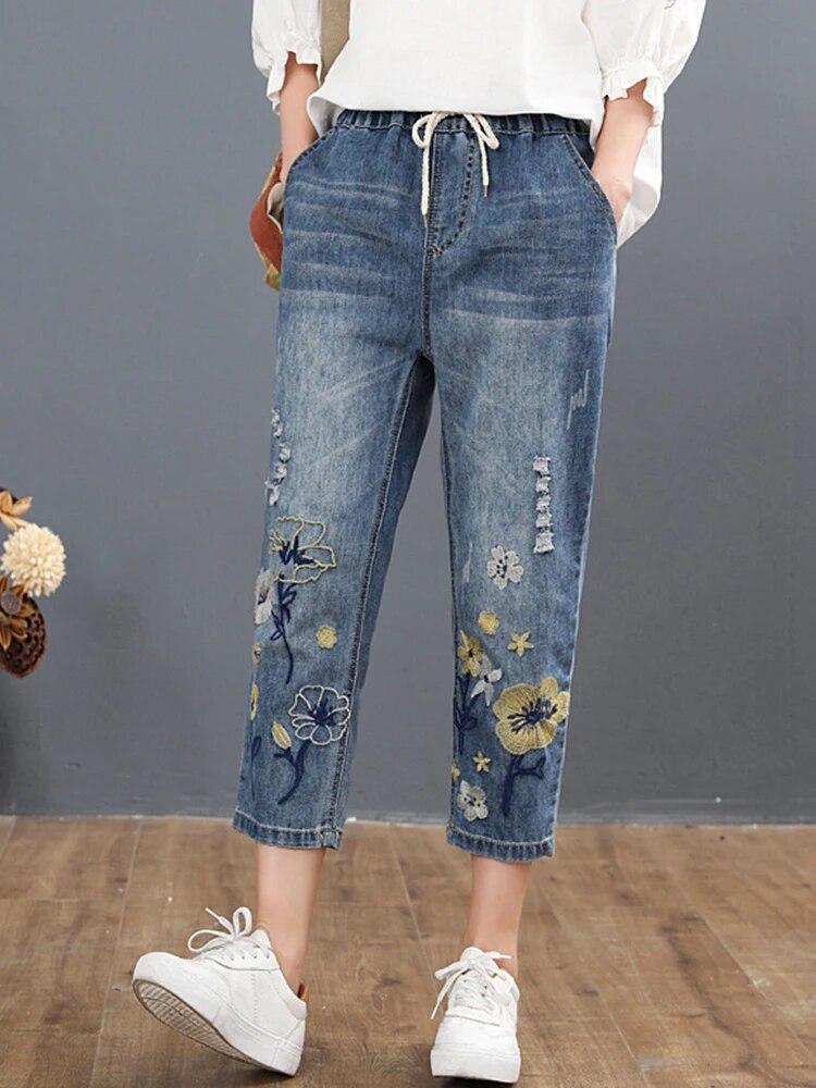 FIVE FIVE Chinese Herfst Mode Stijl Dames Vintage Borduren Jeans Vrouwen Casual Bloemen Denim Broek Gescheurde Harembroek M blauw