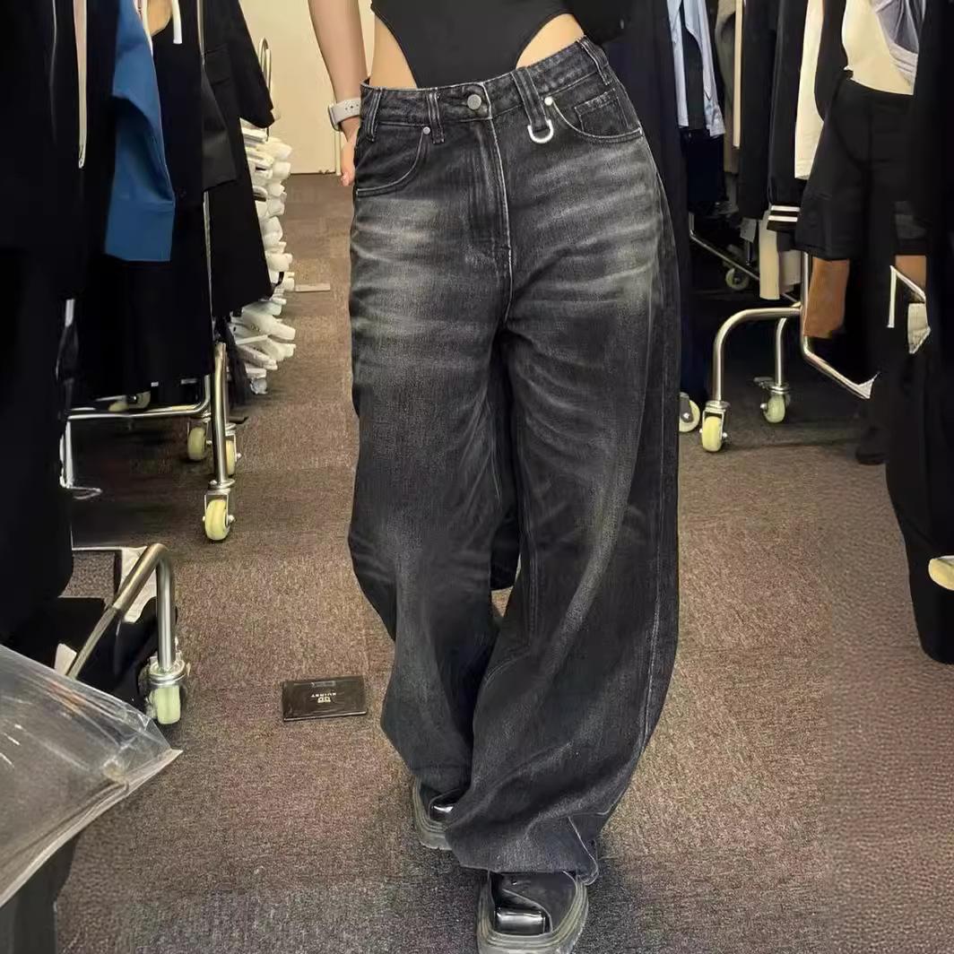 QGOOD Vintage zwarte wijde pijpen jeans vrouwen oversized high street Koreaanse mode baggy denim broek grunge Y2k vrouwelijke hiphop S zwart
