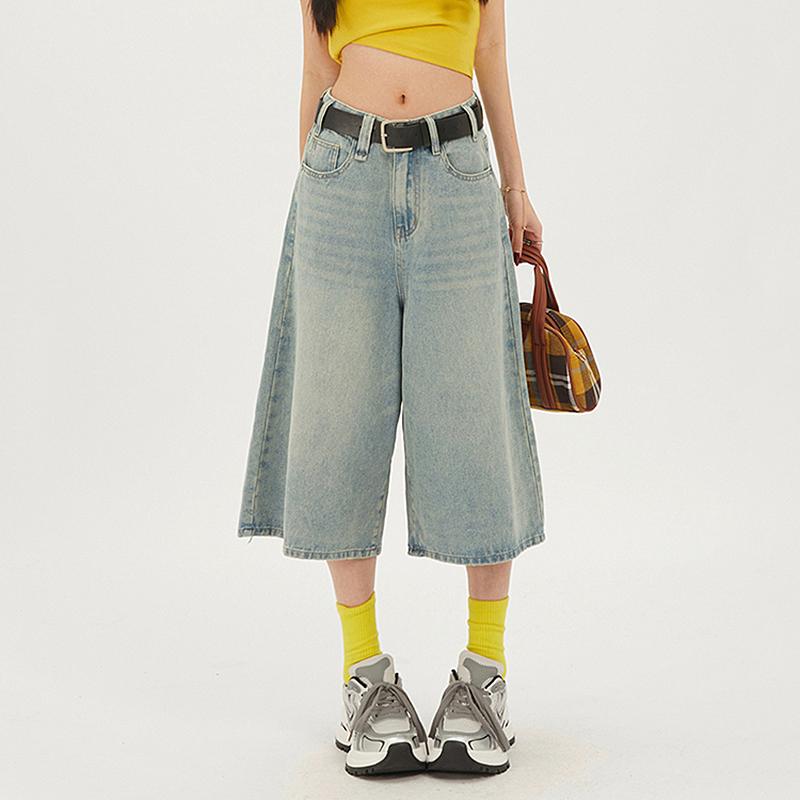 Twelve Month 2024 Y2k Retro Dames Lage Taille Wash Cropped Baggy Jeans Wijde Pijpen Gerafelde Denim Korte Broek Plus Size XS blauw
