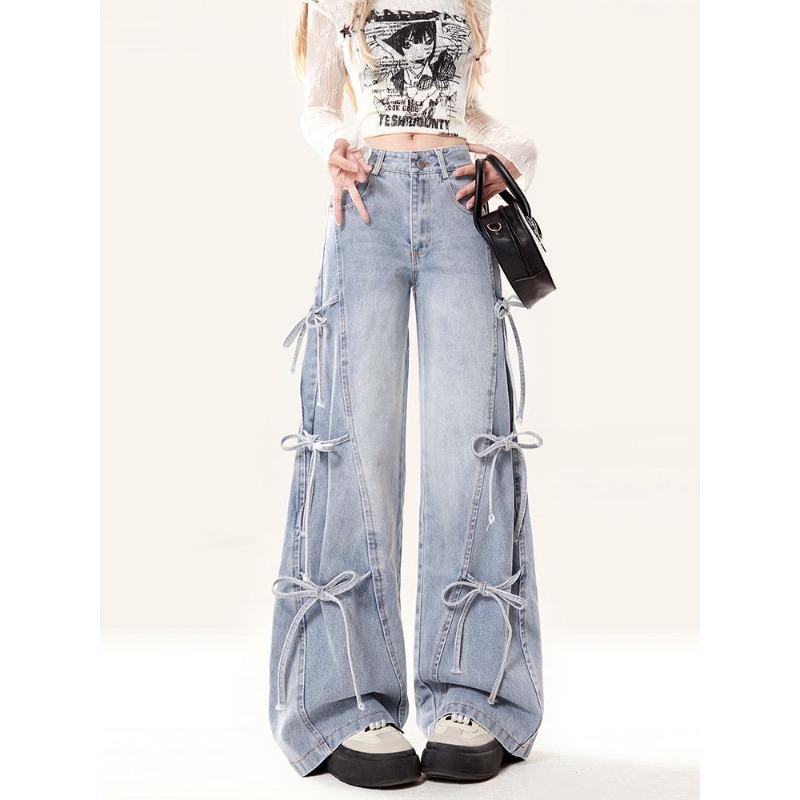 Exotic Strik veter jeans voor dames herfst nieuwe Amerikaanse retro alles losse wijde pijpen mop lange broek ins S blauw