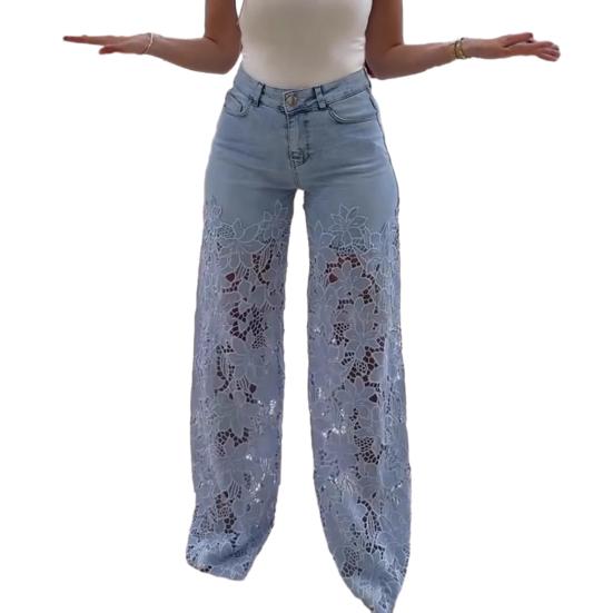 Dahaixin Dames Jeans met Kant Patchwork Casual Baggy Rechte Wijde Pijp Denim Broek Mid Waist Bloemig Holle Jeans XXL lichtblauwe kleur