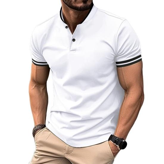 Yunzhu Heren Zomer T-shirt Korte Mouwen Staande Kraag Gestreept Effen Kleur Trui Slim Fit Zacht Ademend Business Casual Heren Kantoor Top M wit