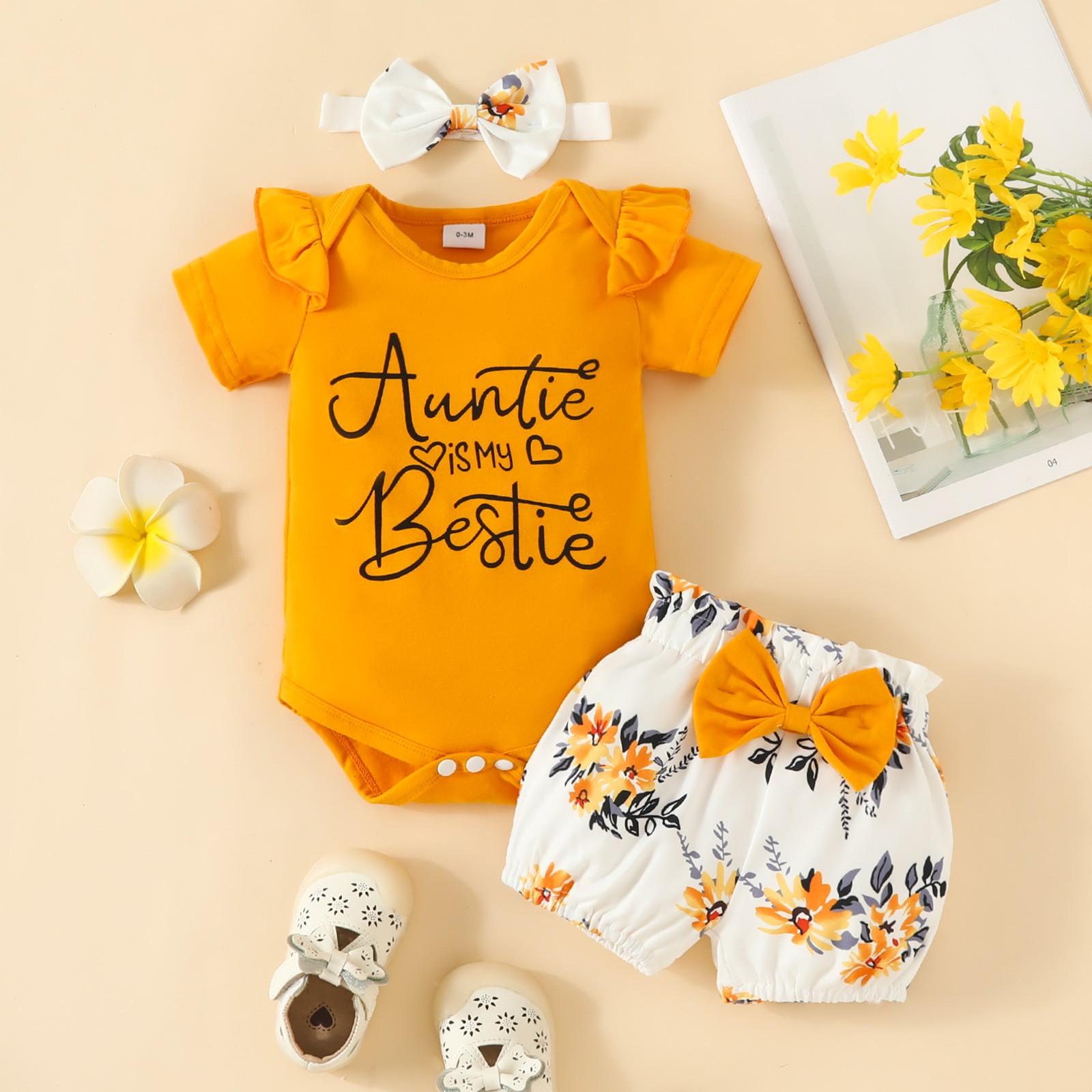 Ximalaya (Qunide) Zomer Korte Mouw Letter Romper T-shirt + Rok + Hoofdband Baby Meisjes Set Pasgeboren Baby Outfit Kinderkostuum Kinder Bodysuits XXL oranje