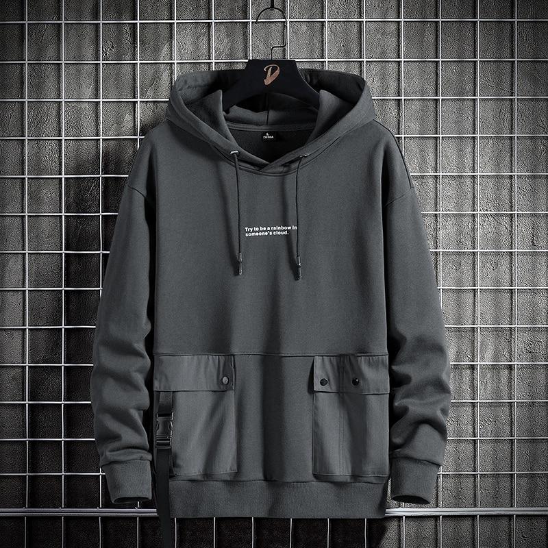 QGOOD Zwarte heren hoodies straat hiphop mode sweatshirts heren casual capuchon met lange mouwen trui cargo pocket streetwear S