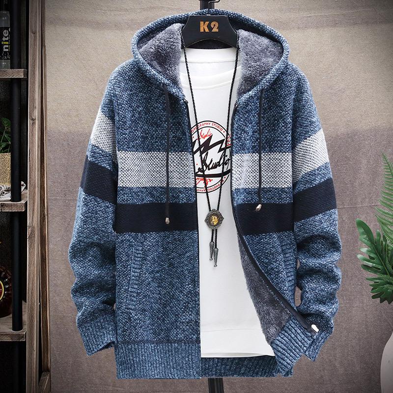VantaGoods Gebreid herenvest met capuchon - fluwelen voering, kleurblok, casual voor lente/herfst XL blauw/grijze kleur