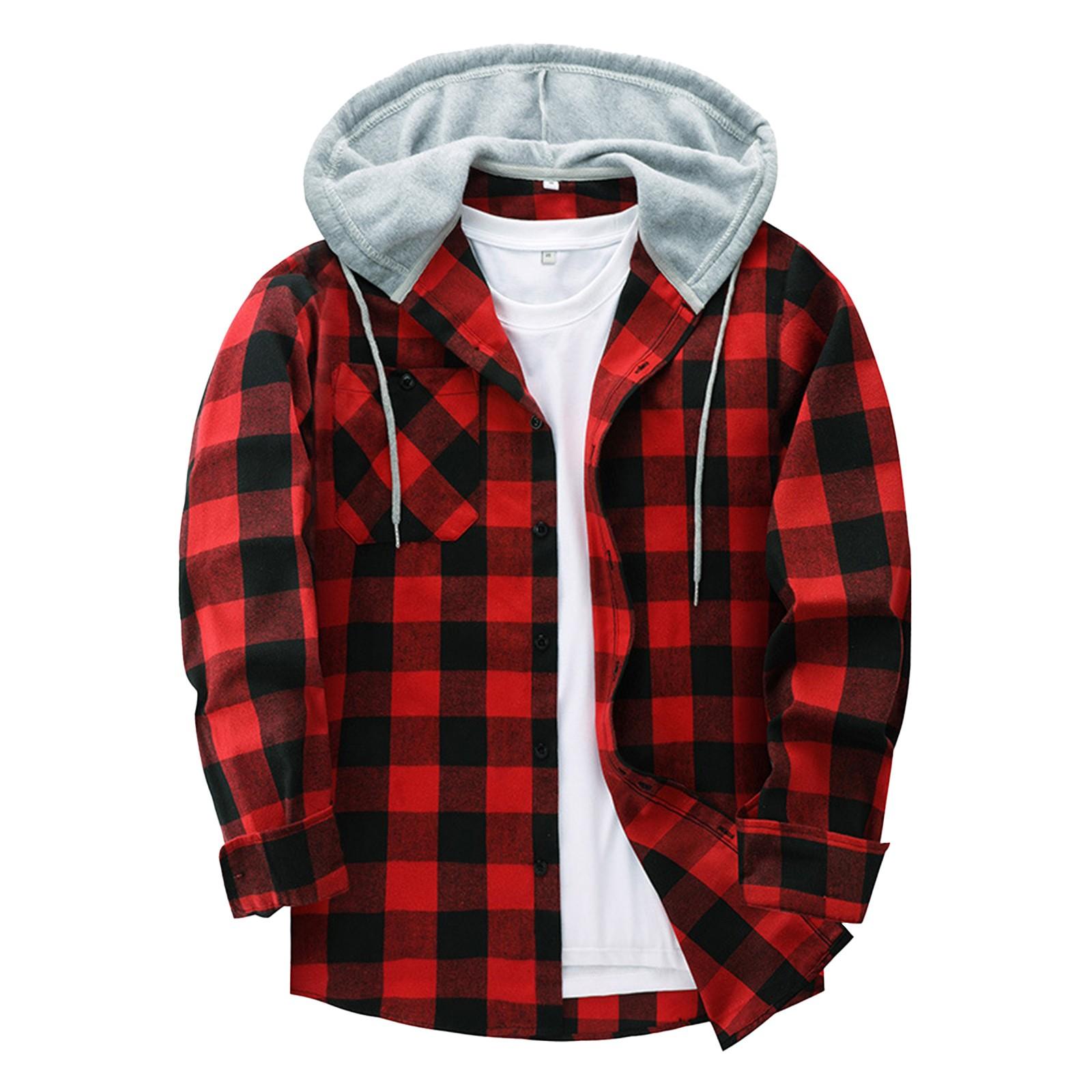 Timoduizhang Heren geruit overhemd met capuchon en knoopsweater Casual mode-sweatshirt voor heren L rood