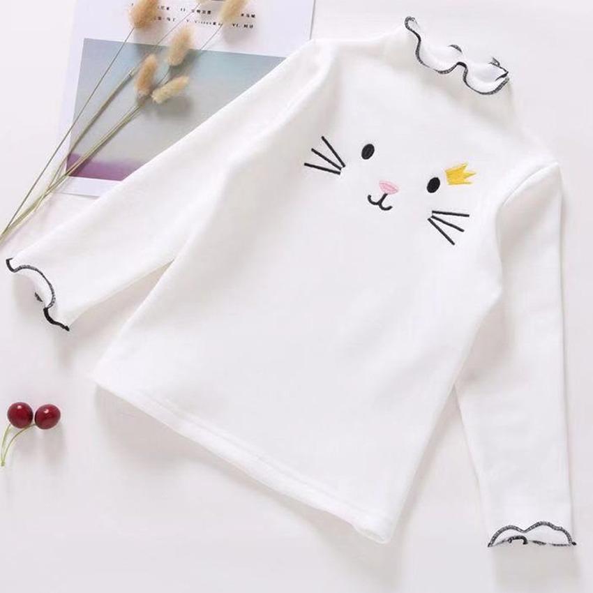 Happy Monday Herfst Baby Lange Mouw T-shirt Kinderen Katten Print Pullover Meisjes Geborduurd Casual Tee Tops Blouse 130 wit