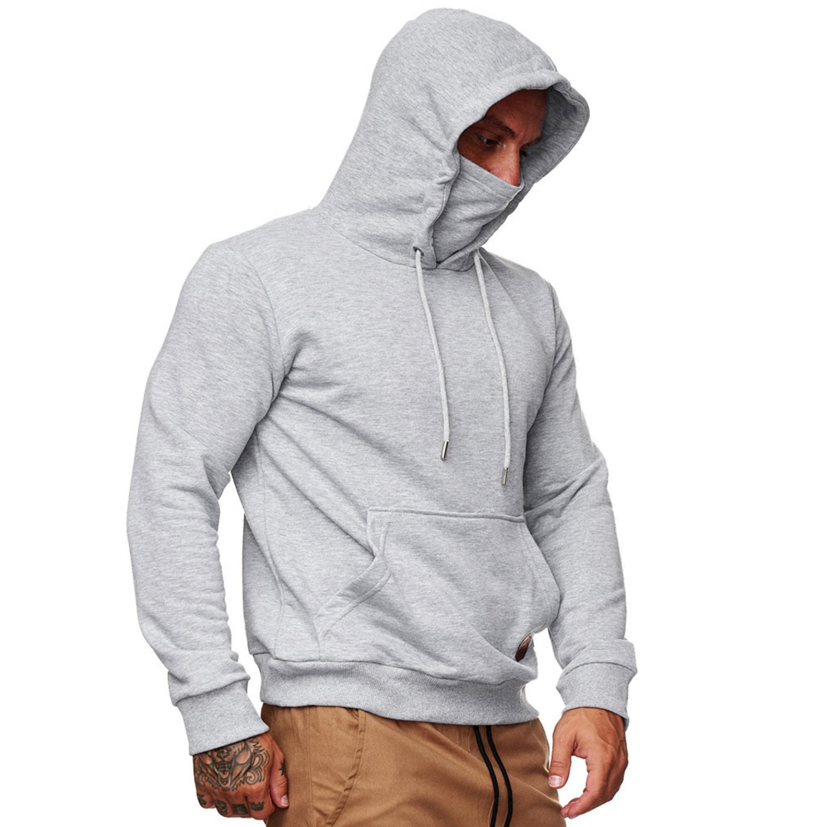 IEFiEL Heren casual sporthoodie met lange mouwen, effen kleur capuchonsweater met ingebouwde maskergezichtsbedekking 3XL grijze kleur