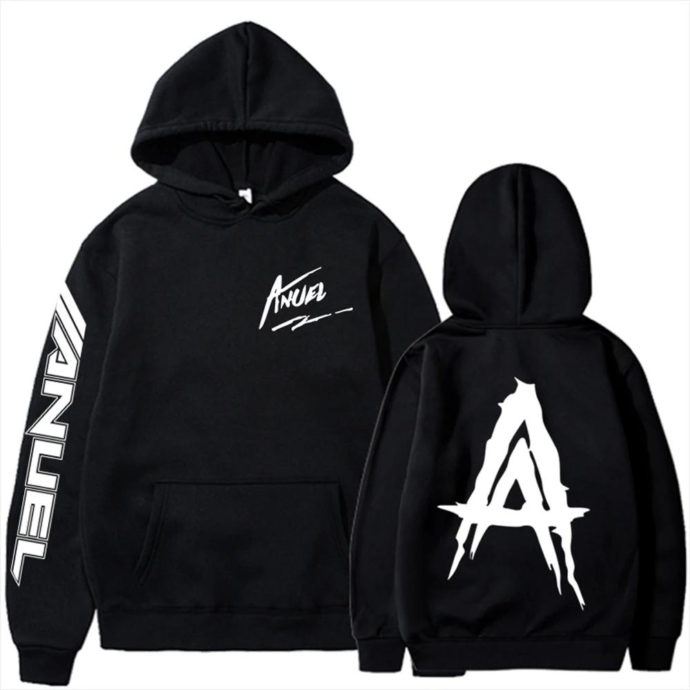Limindong Herfst Fleece Heren Hoodies Anuel AA Real Hasta La Muerte Print Sweatshirts Streetwear Rapper Losse Pullover Casual Capuchon Tops XL zwart