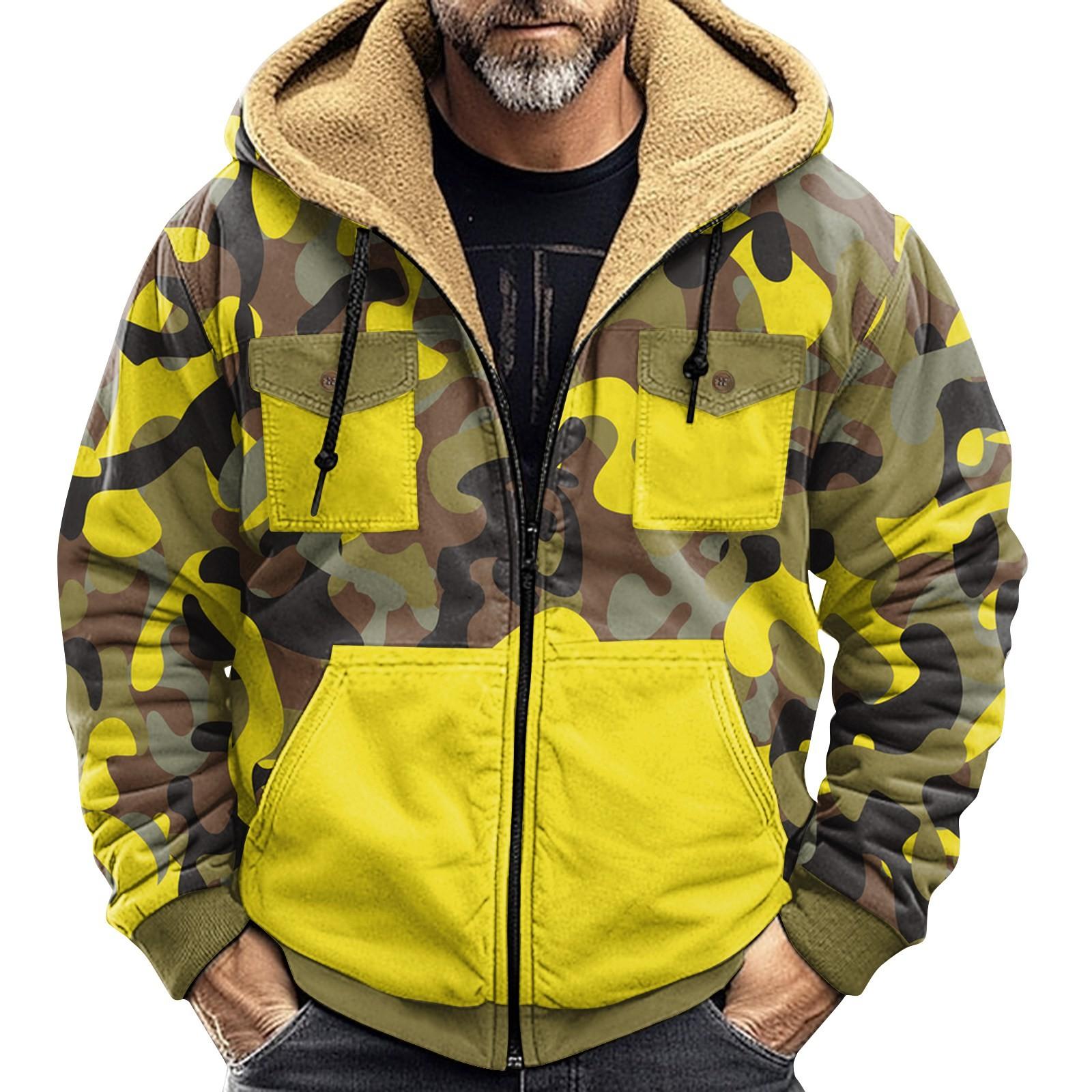 Ren Fashion Heren Winter Camouflage Print Jas Heren Casual Trend Rits Capuchon Jas XL geel