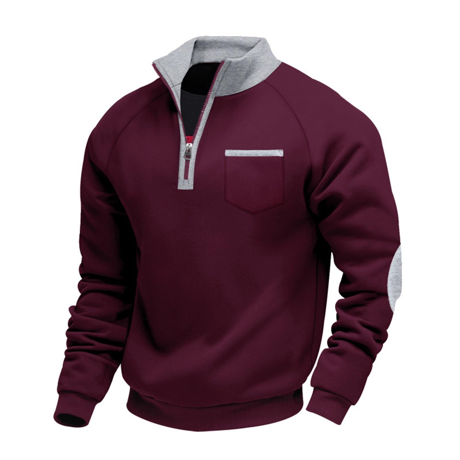 Ren Fashion Heren fleece zwaargewicht warm rits opstaande kraag persoonlijkheid patch heren casual lange mouw hoodie XL wijn