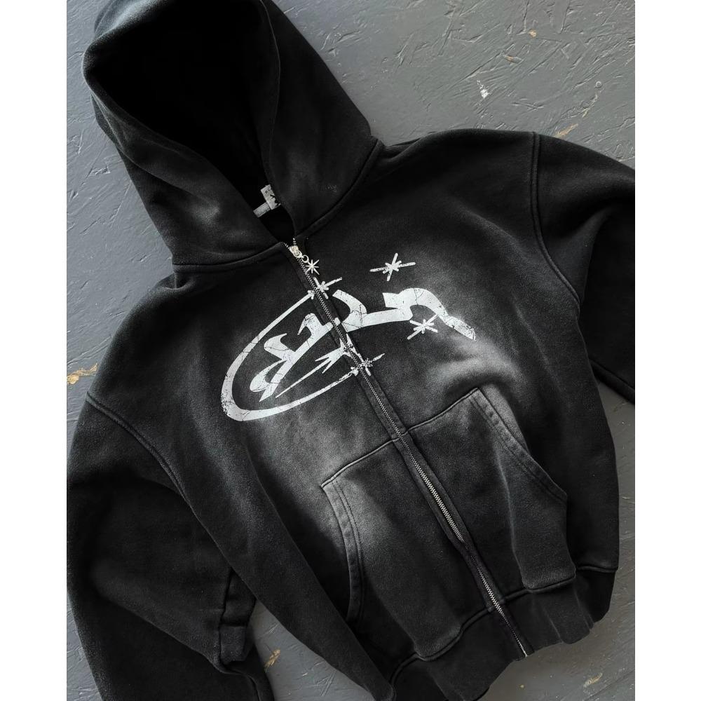 GEMTIDE Divin Vintage Washed Zip Hoodie Y2K Jas Heren Rock Hip Hop Patchwork Geborduurd Oversized Hoodie Sweatshirt Lange Mouwen Tops L