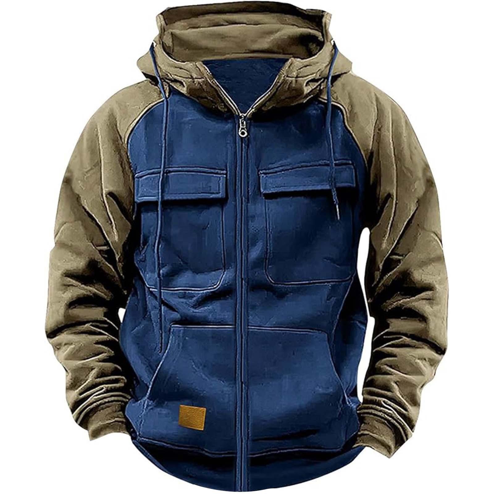 Keep Health Care Herfst Winter Hoodies Heren Rits Patchwork Warme Fleece Sweatshirts Meerdere Zakken Heren Mode Capuchon Jas Dikke Outdoor Hoodie XL koningsblauwe kleur