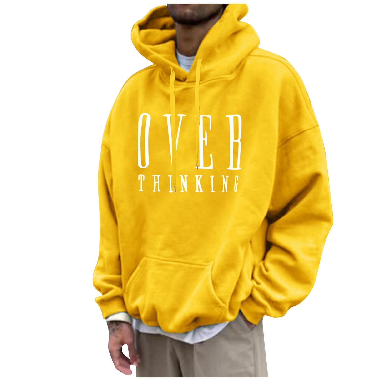 Wahaha123 Heren effen kleur letter bedrukt losse drop-shoulder mouwen hoodies heren casual sport hoodies M geel