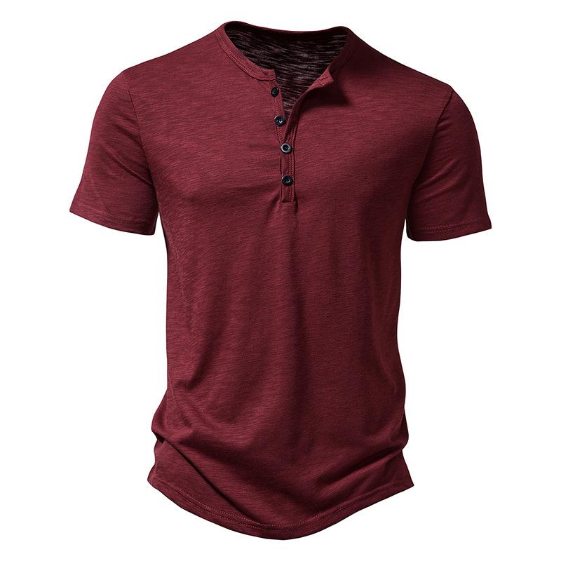 FEGKZLI Fashion Heren Henley kraag T-shirts Zomer Casual Effen Kleur Korte Mouw T-shirt Hoge Kwaliteit Tops XL wijn