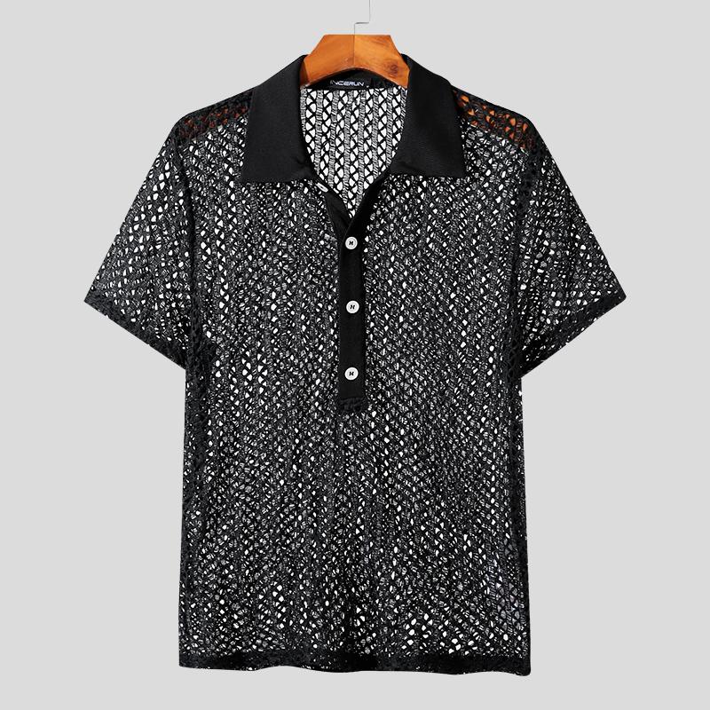 INCERUN Heren Korte Mouw Transparante Overhemden Omgeslagen Kraag Visnet Mesh Tops XL zwart