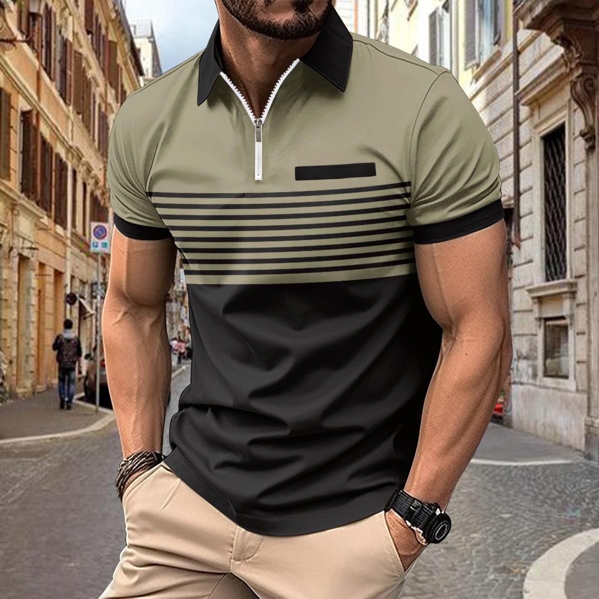 HerSight Europese maat Zomer POLO's Rits Heren Korte Mouw Top Revers Patchwork Gestreept Bedrukt Poloshirt Plus Size XXL