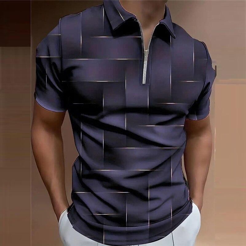 Womens blouse shirts Herenoverhemd Polo Casual Zip Korte Mouw Mode Casual Rits Zomer Lente Regular Fit 3D Blauwe Rand Raster Print Overhemd 8XL
