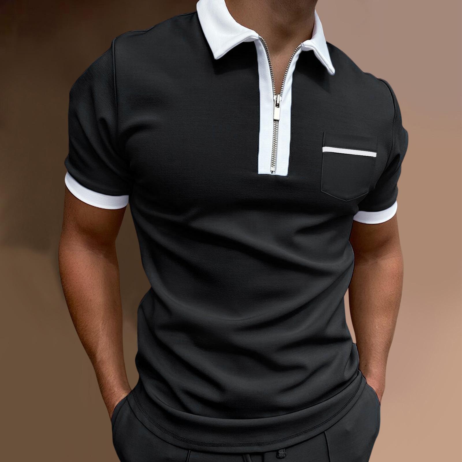 Casual Mans Clothing Men's casual color contrast short sleeve T-shirt Fashion casual stretch short sleeve POLO shirt S zwart